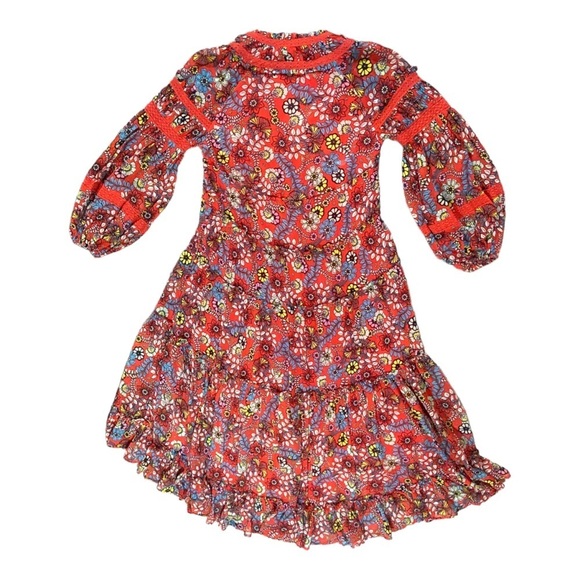 Free People Cassis Printed Chiffon Midi Dress Sz XS Floral Lattice Puff Sleeve - Picture 3 of 6